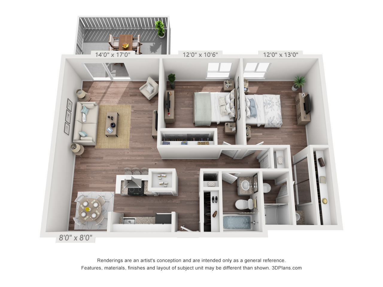Floor plan for 2 beds, 2 baths, 1005 sqft